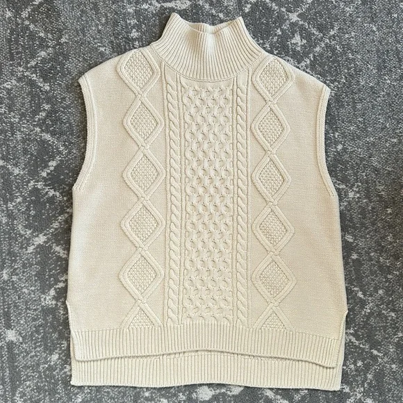 Cream Cable Knit Sleeveless  Oversized Turtleneck best - Picture 2 of 12